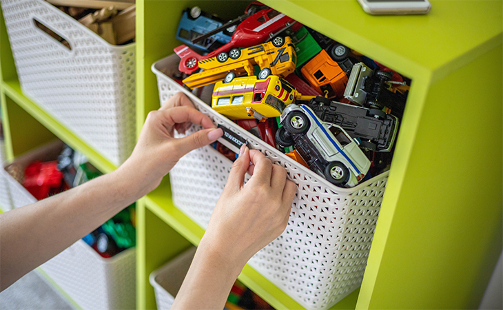 Organizing toys in storage bins